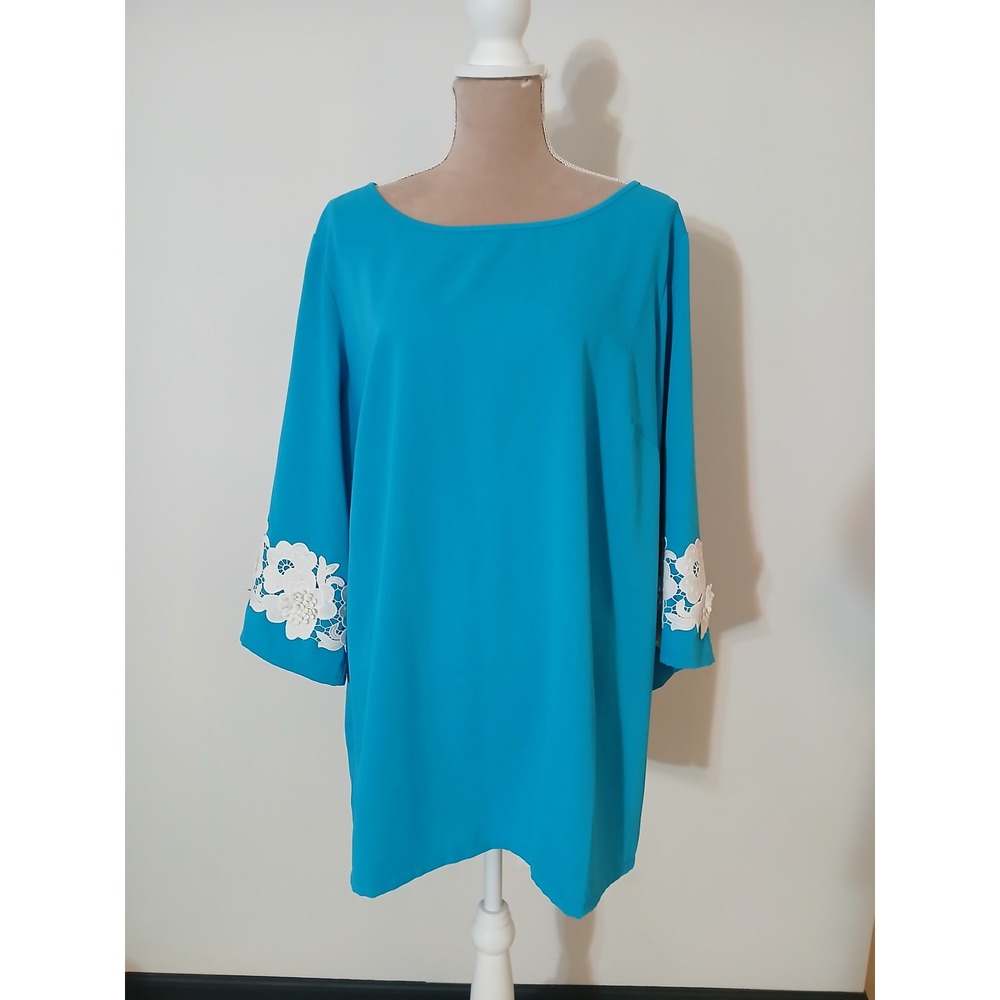 Linea Louis Dell'Olio Turquoise Blue Floral Lace Cuff Tunic Blouse 22W Plus Size